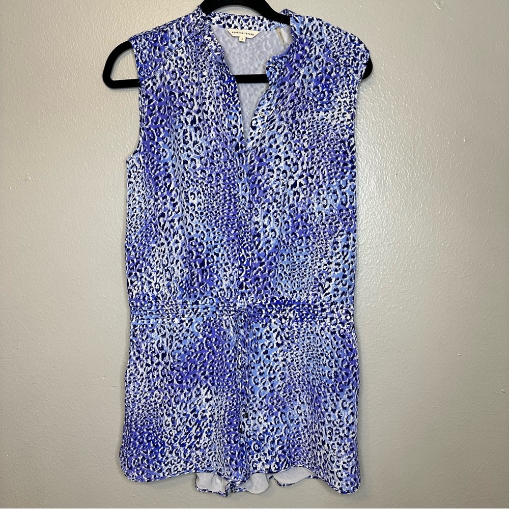 Silk Rebecca Taylor Blue and White Leopard Print Romper - Picture 2 of 8